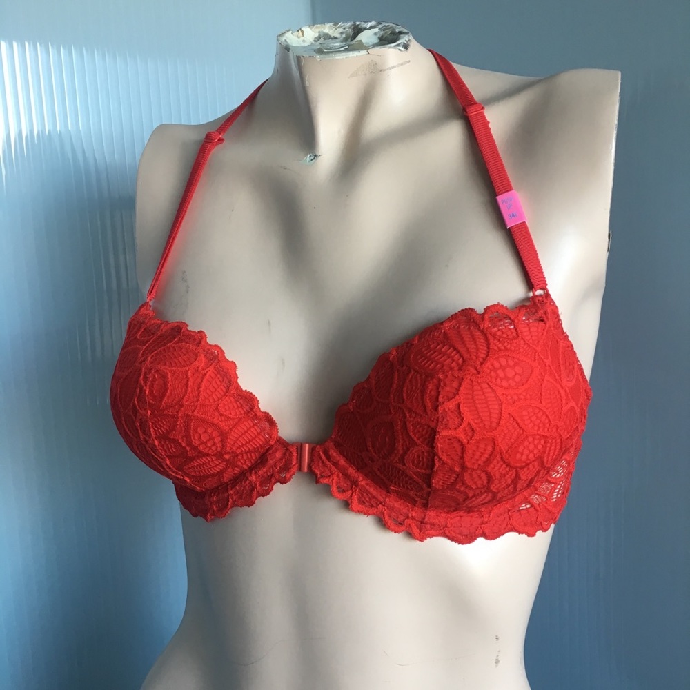 PINK-VS-Red Lace Front Snap Racer Back Push Up Bra
